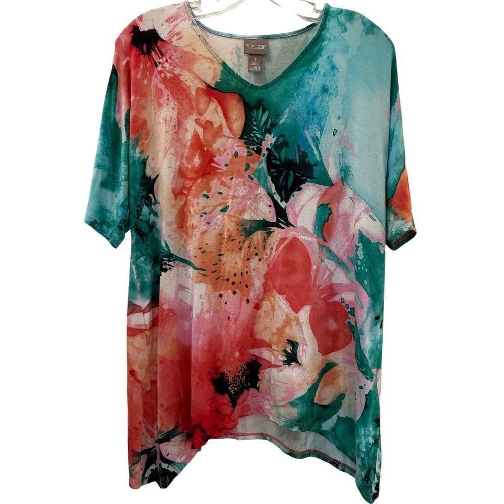 Chicos Watercolor Floral Top Size Medium 8/10 Short Sleeve Asymmetrical Hem